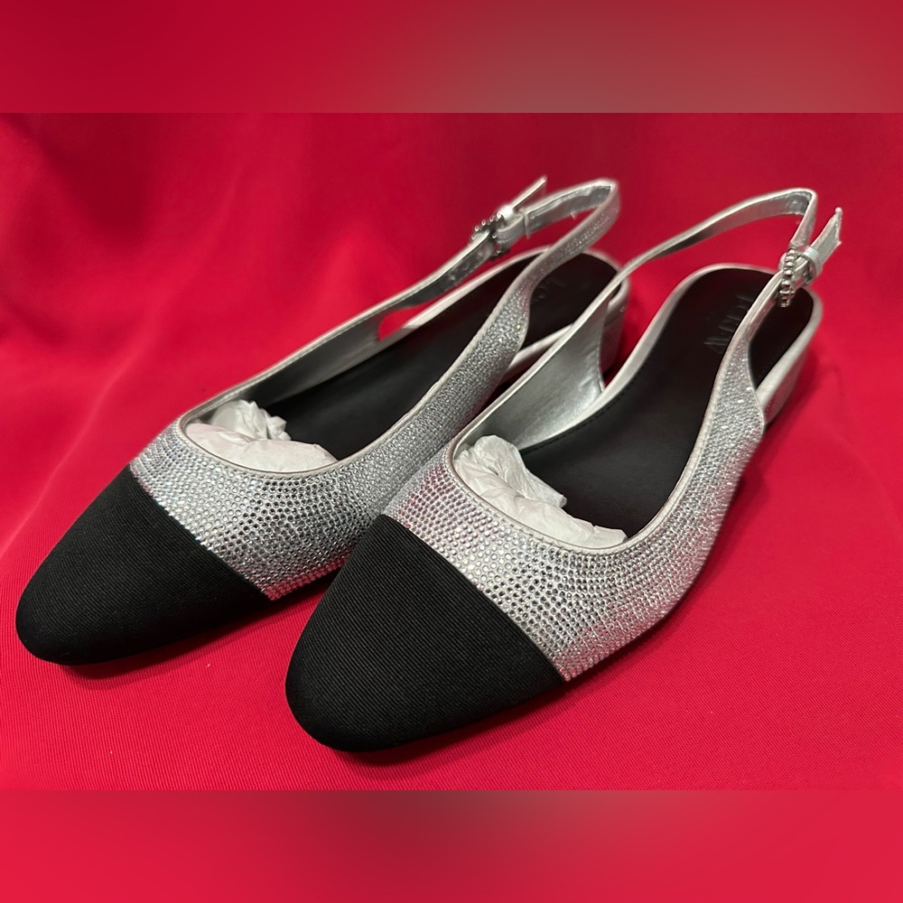 J Crew Silver Rhinestone Embellished Black Cap Toe Low Heel Slingback Size 7 NWT